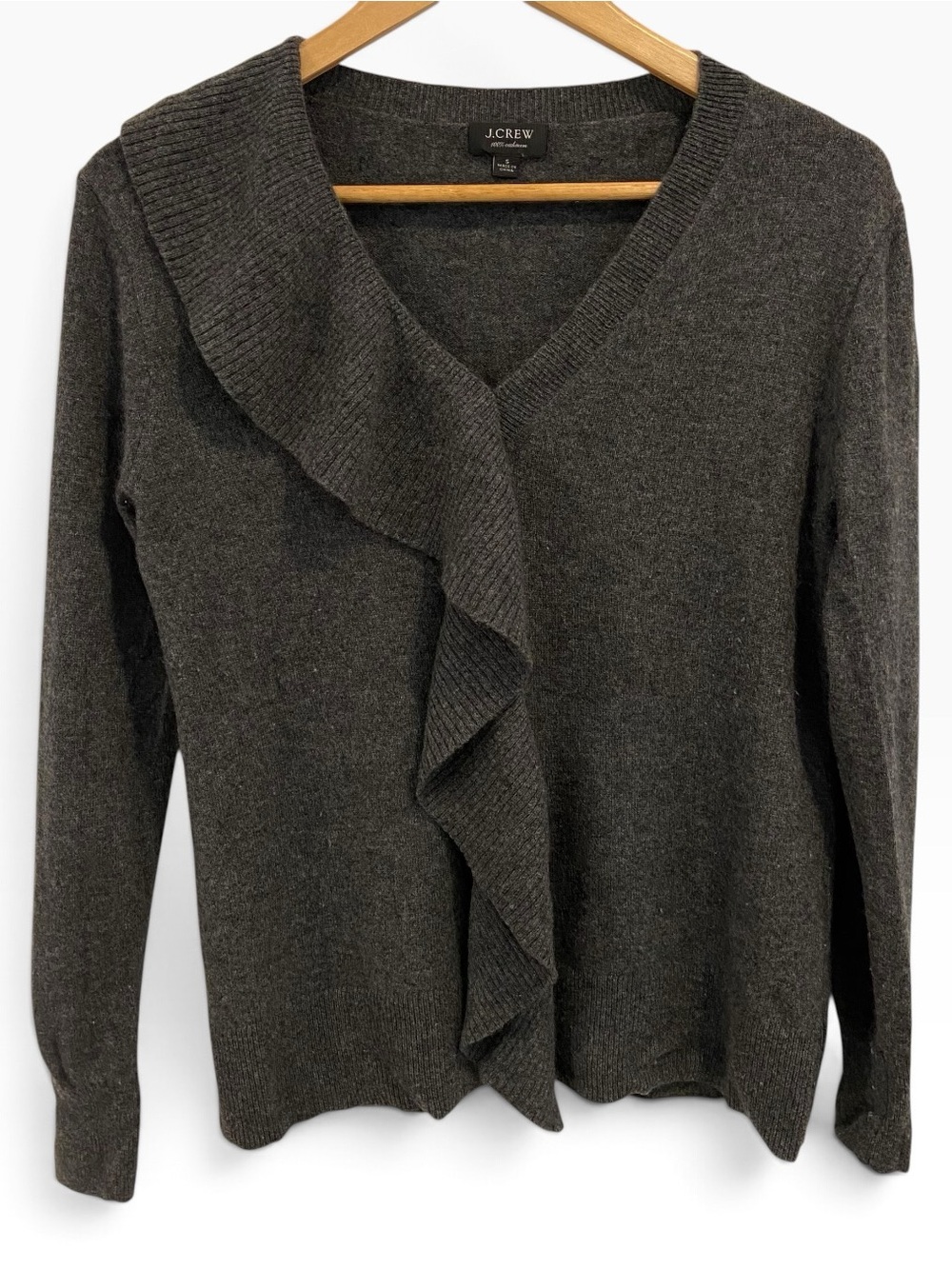 J.Crew 100% Cashmere Charcoal Gray Ruffle V-Neck Sweater Women’s Small